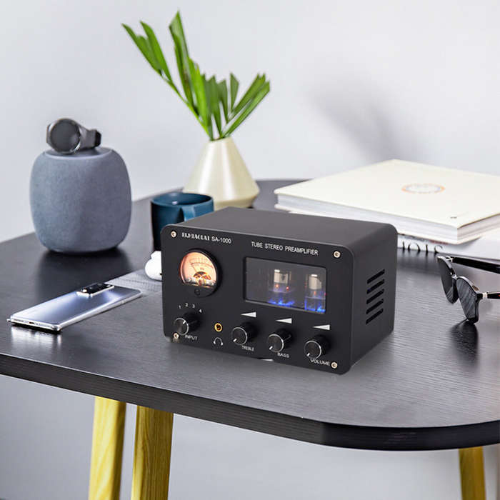 Black - PJ.MIAOLAI SA-1000 6H3N Tube Preamplifier HiFi 4 Input 2 Output VU Meter Headphone Amplifier