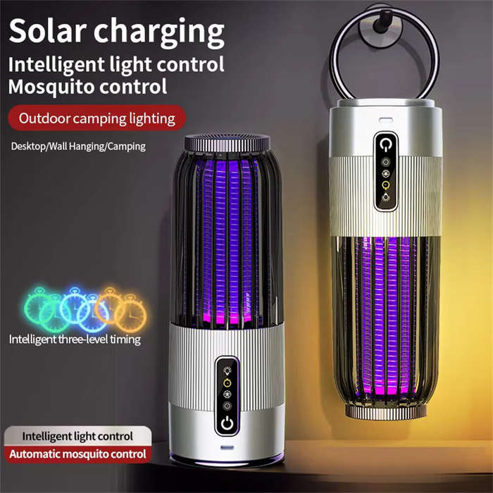 Gray - 2 in 1 Solar Powered Mosquito Killer Lamp LED Lighting 1200mAh Lithium Battery 2500V High-vol