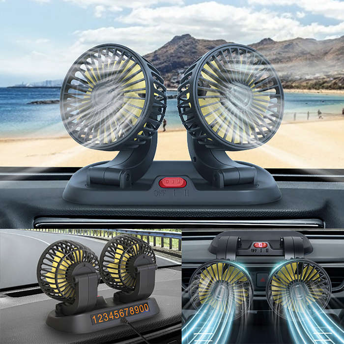 12V - 12V Dual-Head Car Fan Cooling Fans 360 2 Speed Adjustable Mini Size Five-blade Strong Wind wit