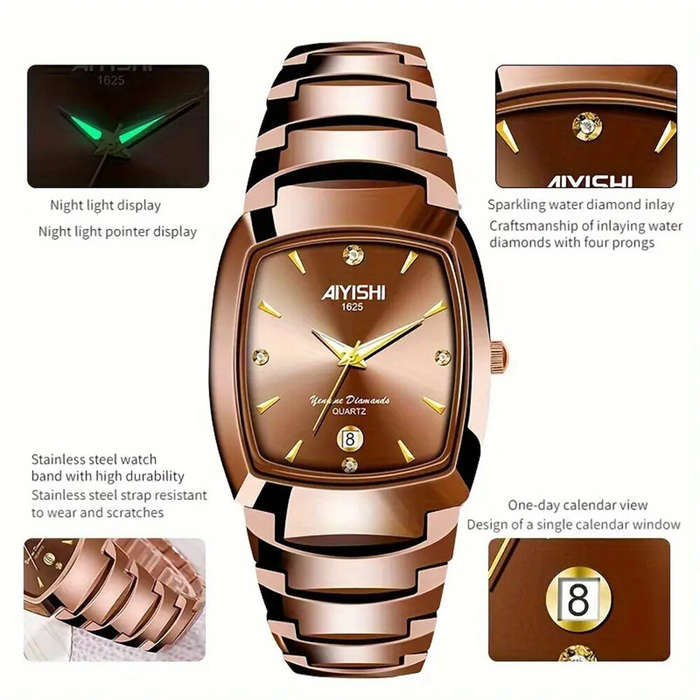 Gold - AIYISHI Luxury Men's Square Quartz Watch Steel Strap Casual Business Wristwatch Waterproof Lu