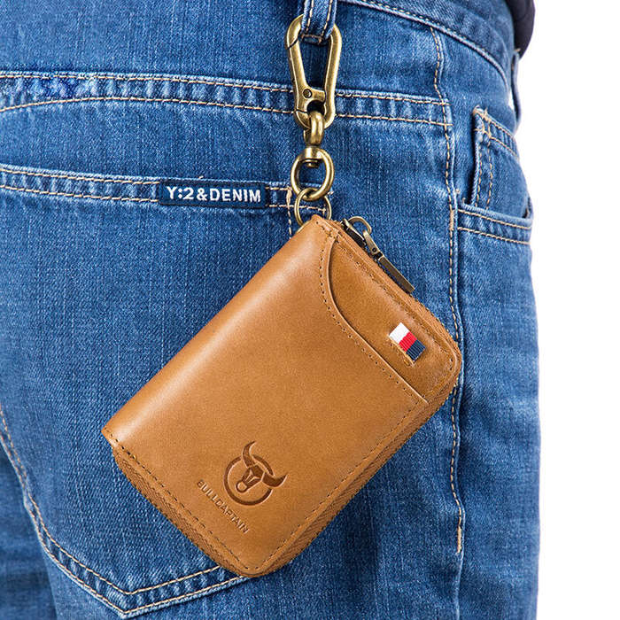 Yellow - BULLCAPTAIN Genuine Leather Mens Waist-Mounted Wallet Card & Id Holders Multi-function Key