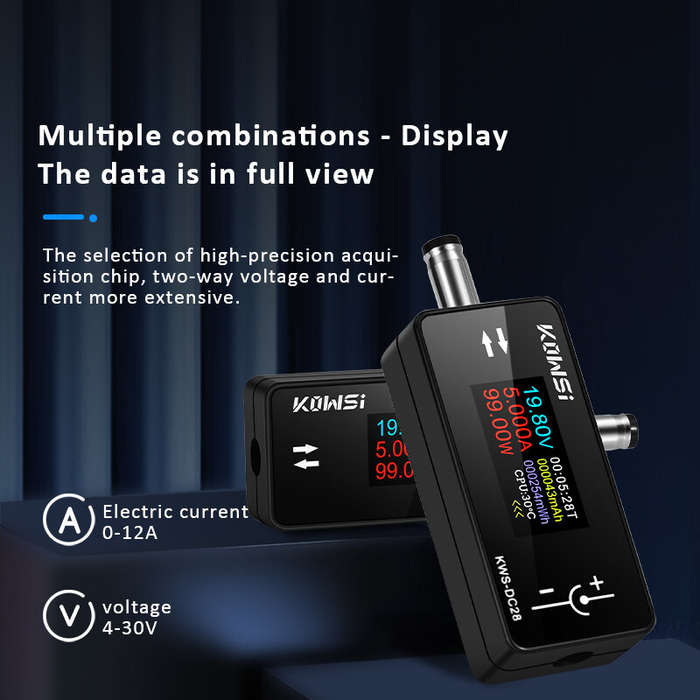 Black - KWS-DC28 Current Voltage Tester 4-30V 12A Digital Ammeter 0.96-inch TFT Display High Precisi