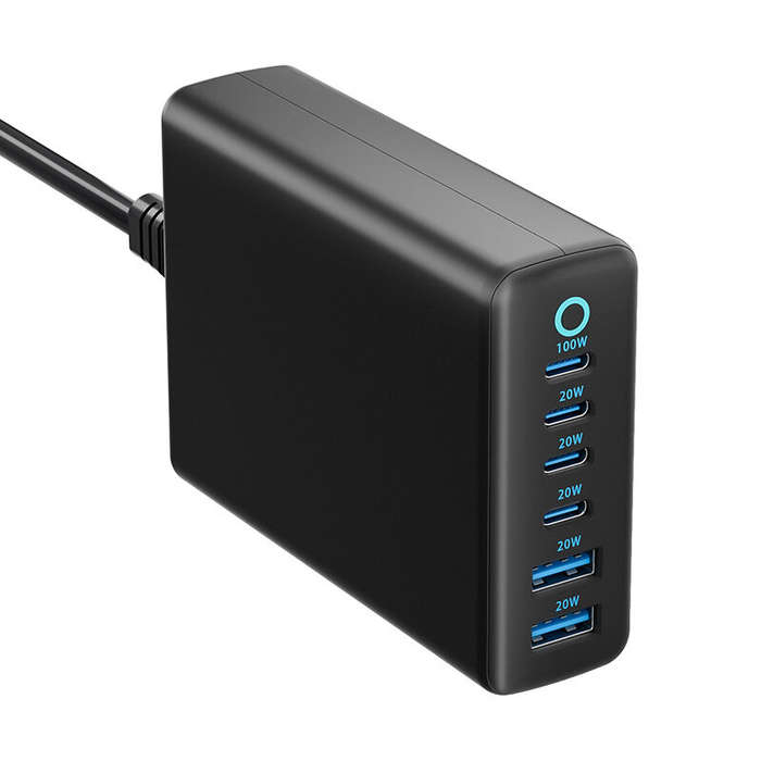 White - [GaN Tech] 200W 6-Port USB Charger 2USB-A+4USB-C Fast Charging Desktop Charging Station EU P