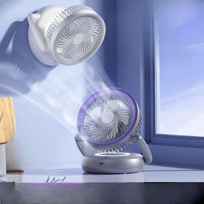 Grey - Foldable Wall-mounted Fan with Night Light 360 Rotational Airflow Desktop Electric Fan 5 Wind