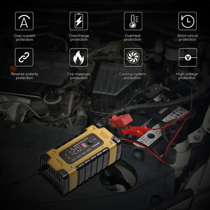 Yellow - FOXSUR 12V 24V 10A Battery Charger with Intelligent Repair Screen Display for Cars and Moto