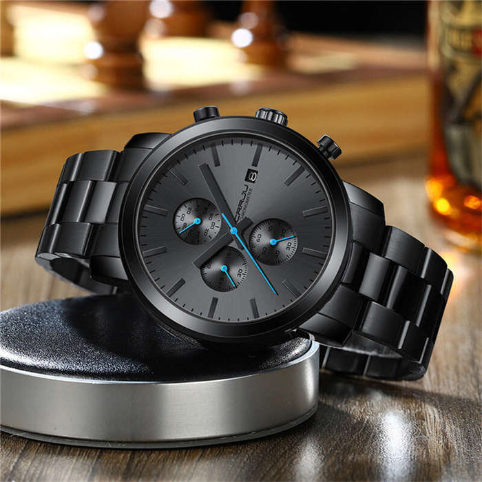 Black - CRRJU Mens Chronograph Watch, Stainless Steel Strap Men Watch, Fashion Waterproof Black Wris