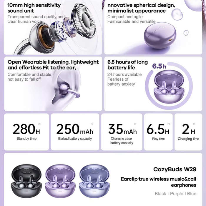 Blue - REMAX CozyBuds W29 OWS Earclips Earbuds Wireless bluetooth Earphone Stereo Open-ear Ergonomic