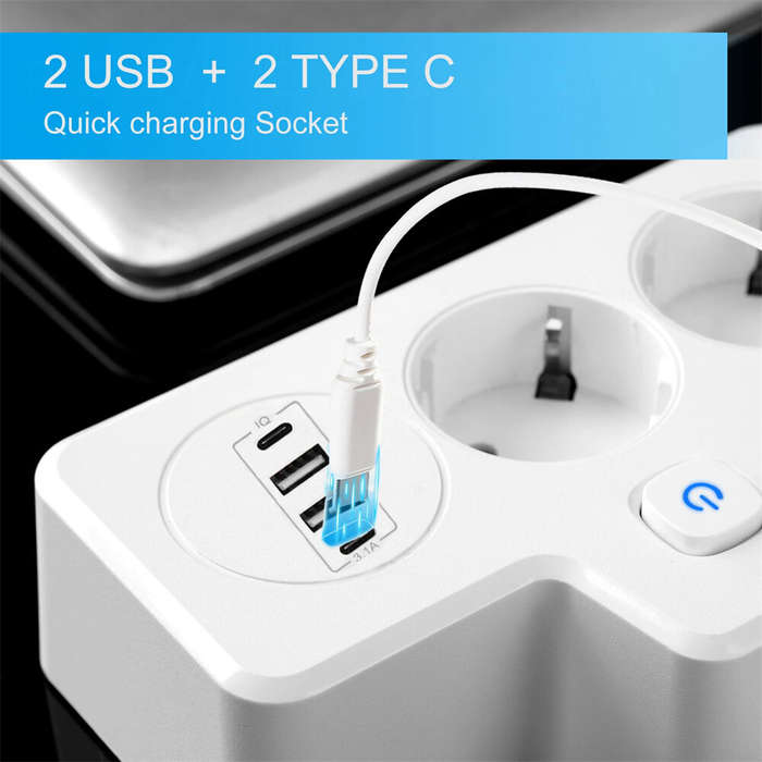 White - EU Power Strip Wall Socket Expansion Plug with 2 AC+2USB-A+2Type-C PD QC3.0 Fast Charging Mu