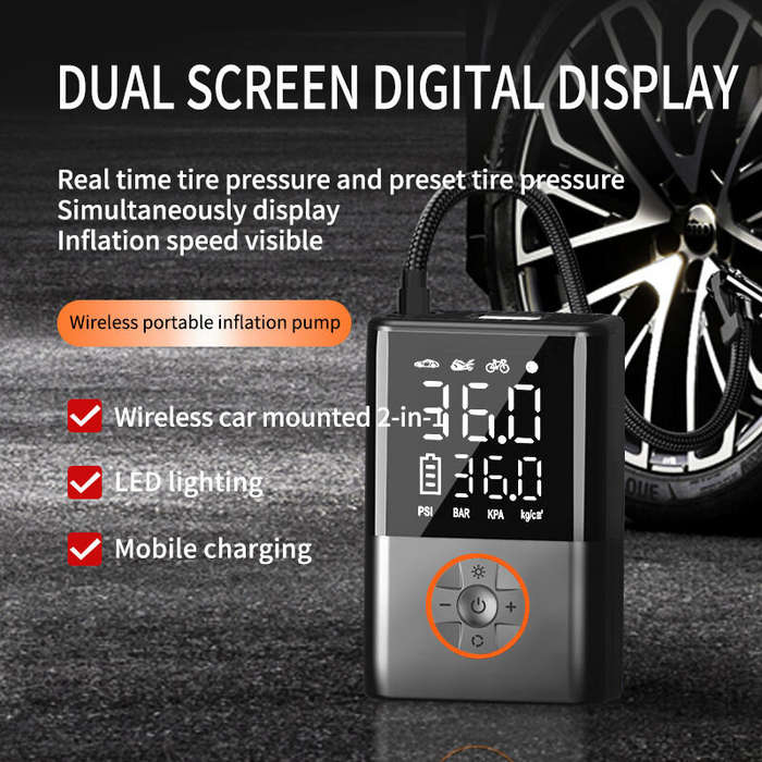 Black - 150Psi Cordless Air Pump Portable Car Air Pump Dual Screen Display 4000mAh Car Electric Tire