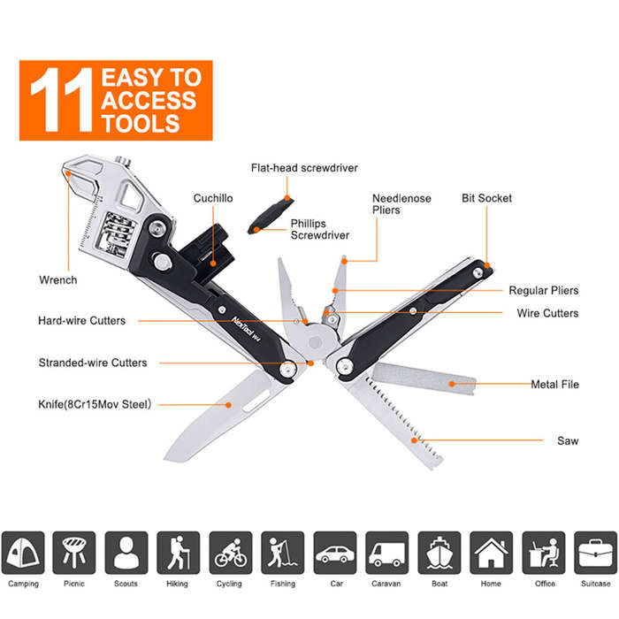 Black - NexTool W4 Multitool Wrench 11-In-1 Adjustable Wrench Pliers Hand Tools Screwdriver Wooding