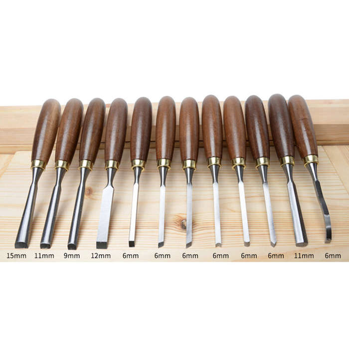 12 Pcs - MYTEC 12pcs Wood Carving Chisel Set Walnut Handle 65Mn High Carbon Steel Sharp Blade Profes