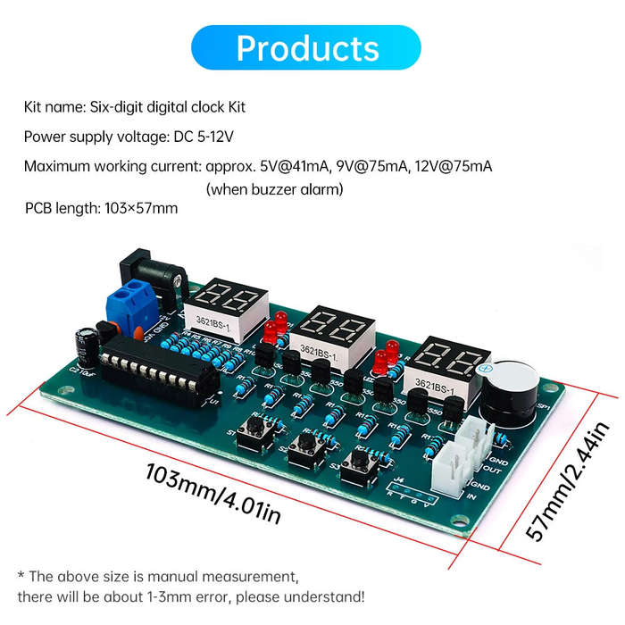 DIY Kit - 6-bit Digital Clock DIY Kit 51 Microcontroller Electronic Clock 6 bit Tube LED Display Mod