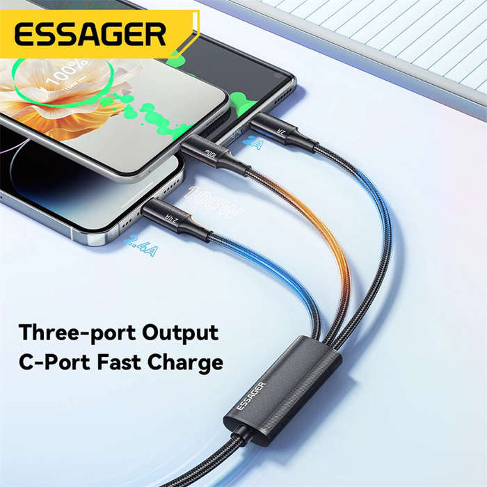 Blue - ESSAGER ES-X50 7A 100W USB-A to Micro/iP/Type-C Cable Fast Charging Data Transmission Copper