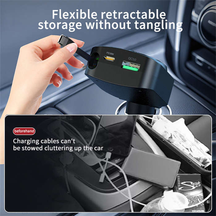 Black - K38 4-in-1 Retractable Car Charger USB PD30W QC3.0 Type C Cable Ambient Lighting for Mobile