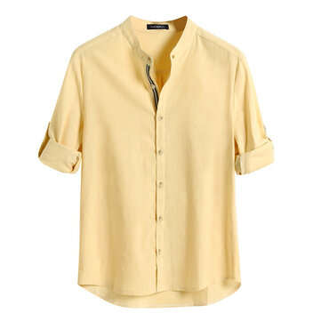 Men`s Linen Long Sleeve Solid Shirts Loose Fit Collarless Top Shirt O... (SIZE: 3XL | COLOR: YELLOW)