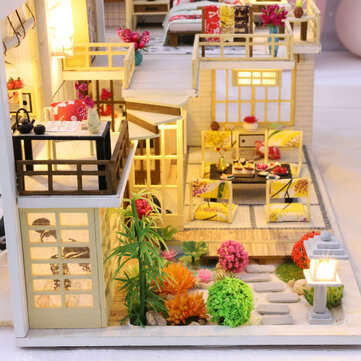 Wooden Crafts DIY Handmade Assembly 3D Doll House Miniature Furniture Kit with LED Light Toy for Kid