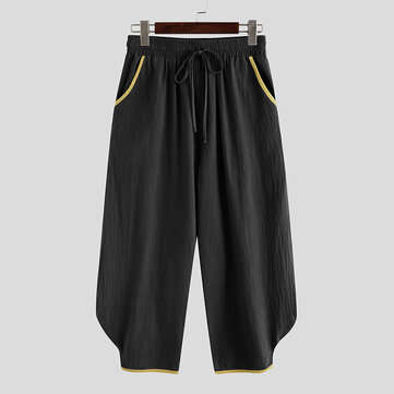 Mens Japanese Style Linen Trousers Loose Causal Beach Yoga Hippie Long P... (SIZE: S | COLOR: BLACK)