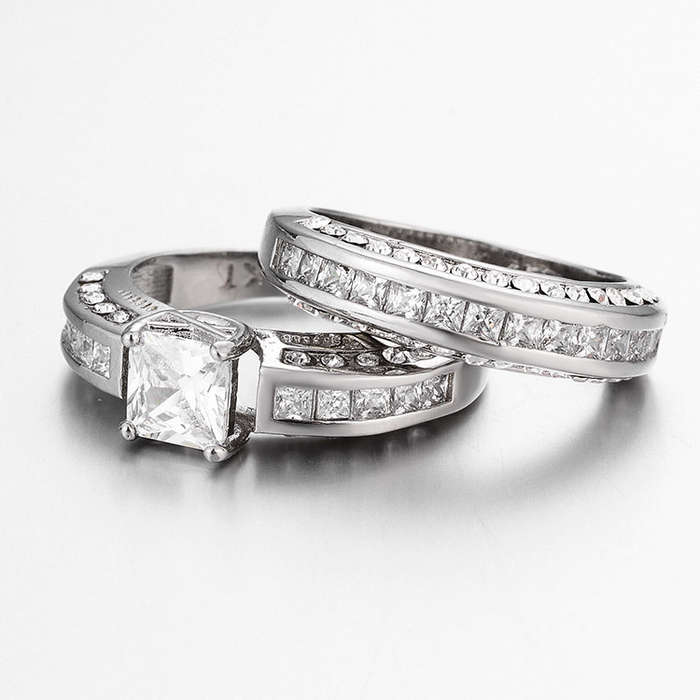 2 Pcs/set Classic Cubic Zirconia Womens Ring Bridal Wedding Platinum Band Finger Rings for Women