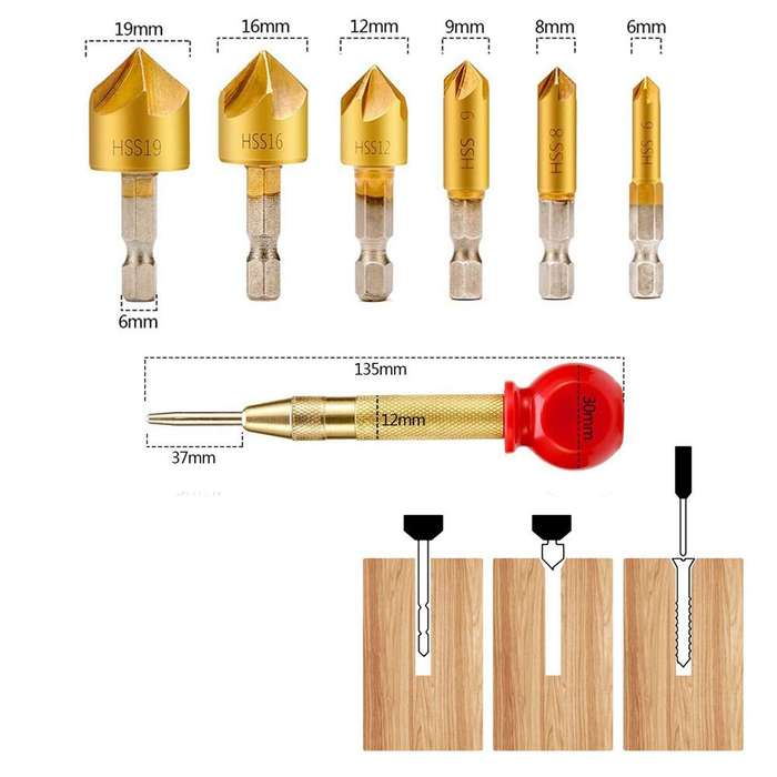 Drillpro 23Pcs Woodworking Chamfer Countersink Drill Bit 6pcs 1/4 Inch Hex 5 Flute 90 Degree Counter