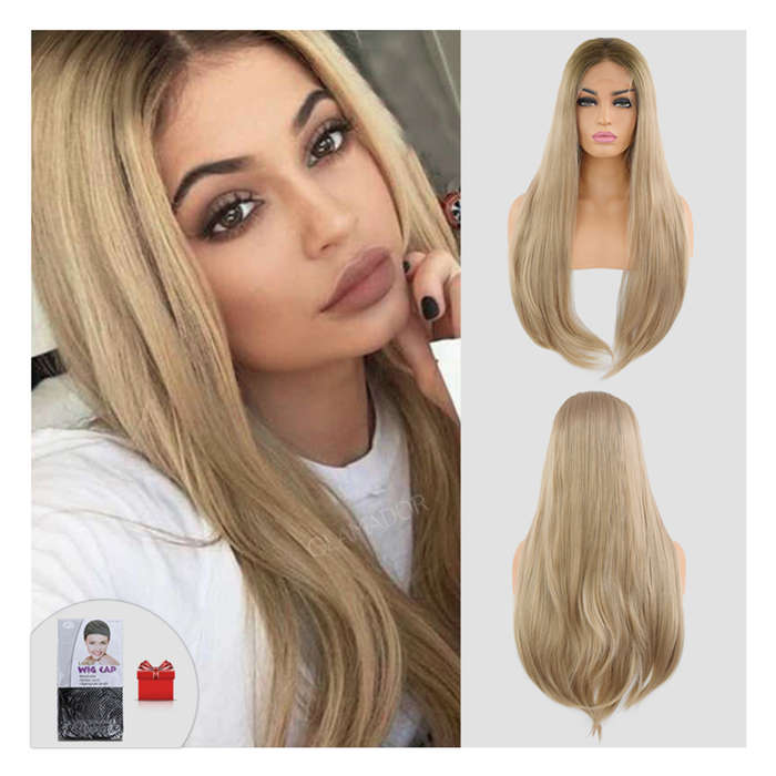 24 Inches Front Lace Wig Light Brown Blonde Ombre Straight  Hair Chemical Fiber