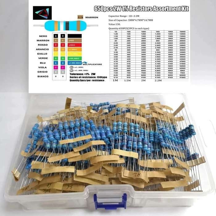 with box - Metal Film Resistor Kit 130 Values 1R to 2.2M Ohm 2W 1% Tolerance 650PCS Electronic Compo
