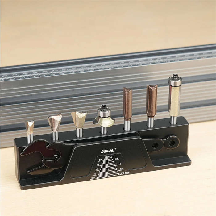 Black - Woodworking Milling Cutter Holder Anodized 1/4 Inch Slots 7 Magnetic Suction Holes Tool Orga
