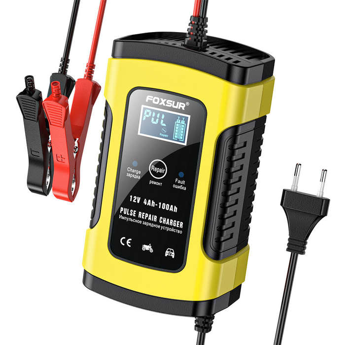 UK Plug - FOXSUR 12V 5A Motorcycle Car Pulse Repair Charger with LCD Display Intelligent Car Battery