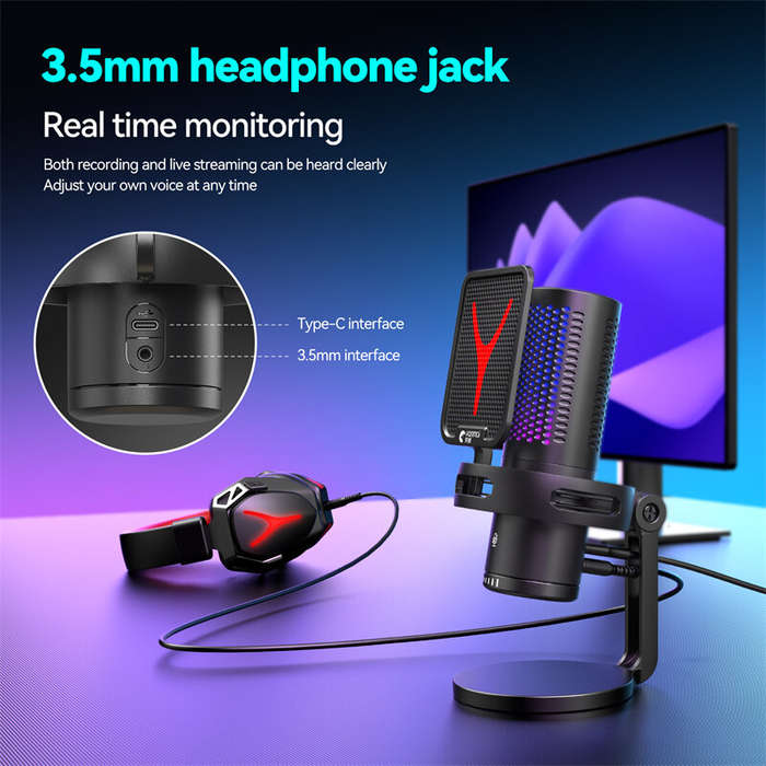 Black - Yanmai GM7 Wired Condenser Microphone Computer Microphone RGB Light Intelligent Noise Cancel