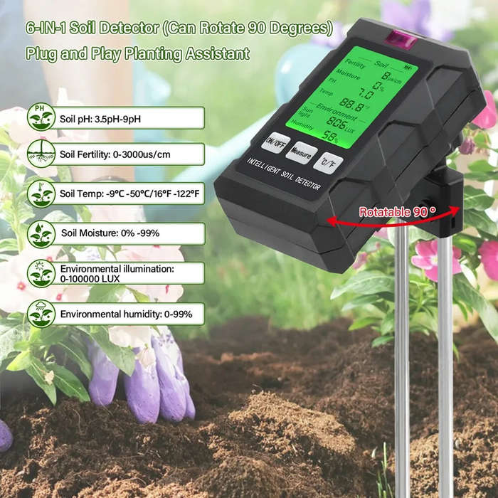 Black - 6-in-1 Soil Tester PH Temperature Humidity Sunlight Fertility Nutrient Meter with Digital Di