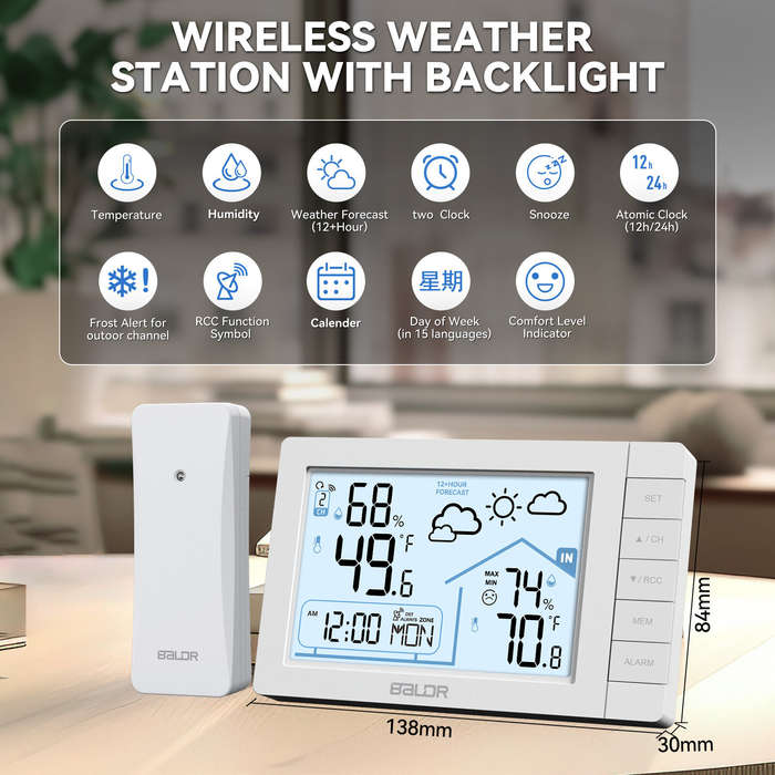 White - BALDR Weather Station Digital Thermometer Hygrometer Clock Small Weather Station Electronic