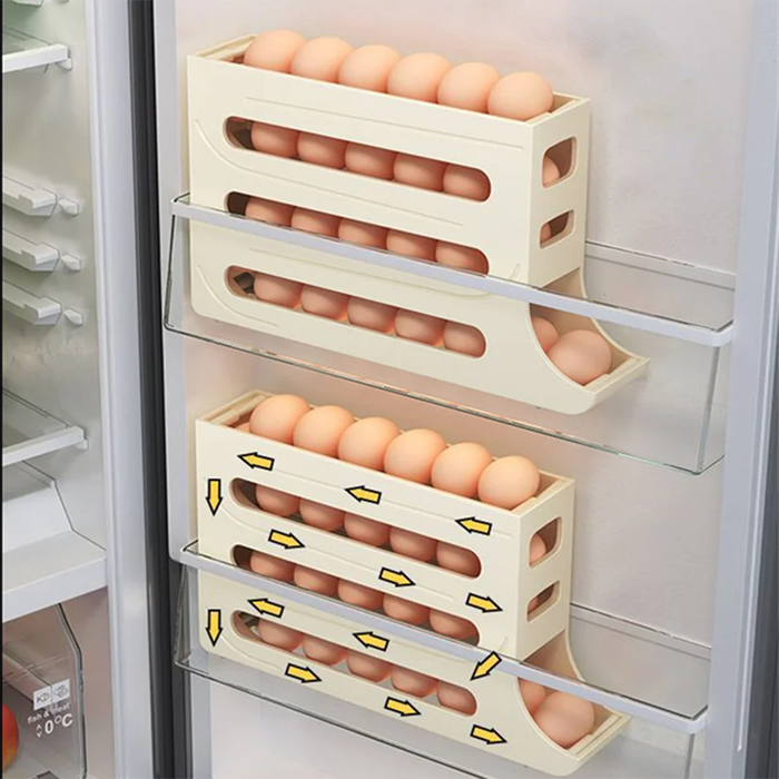 Cream - Automatic Scrolling Egg Rack Holder High Capacity Storage Box with Individual Egg Recess for