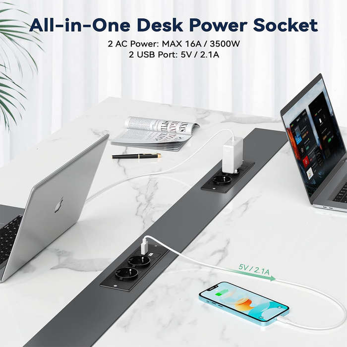 White - Table Socket with 2 USB 2 Sockets Built-in Socket 2-Way Installation Power Strip with 2 Scre