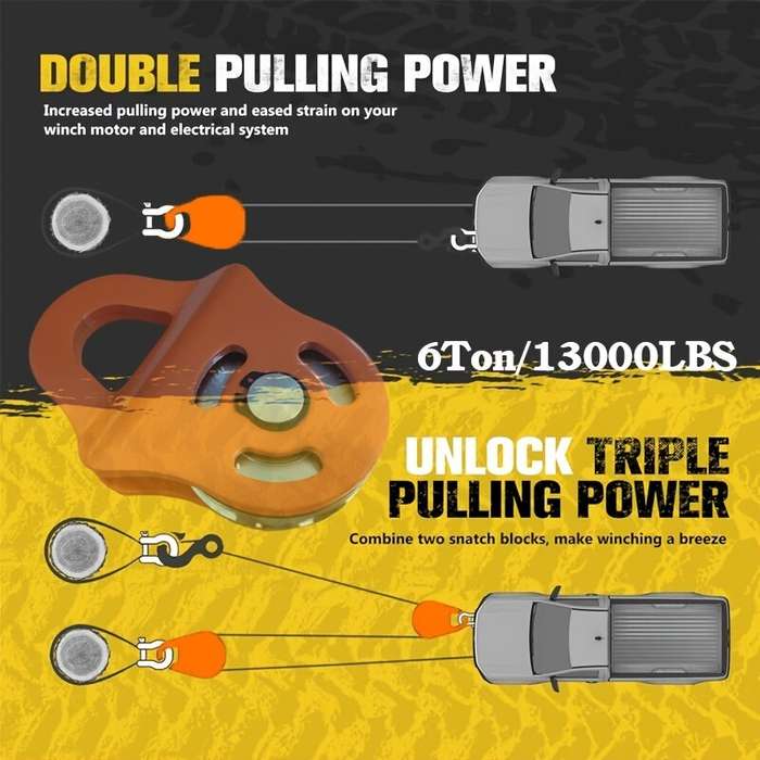 Orange - 6 Ton Heavy Duty Winch Pulley Block Max Load 13000lbs Steel Cable Synthetic Rope Compatible