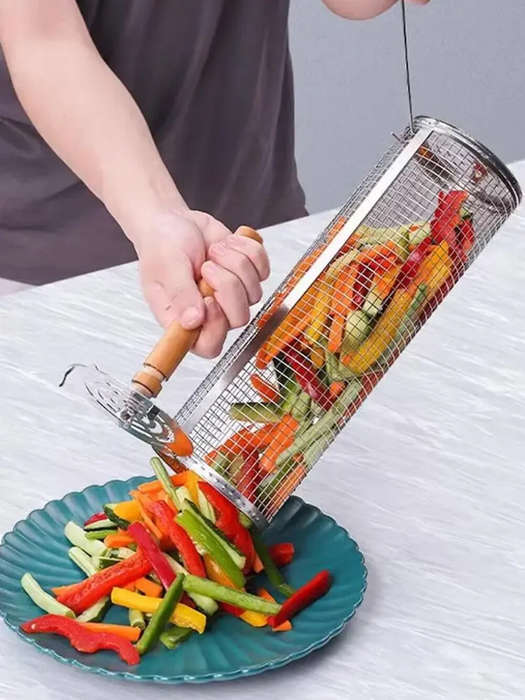 Type A - BBQ Grill Basket Round BBQ Cage Outdoor BBQ Smoking Cage Portable BBQ Net Rotating Drum Sta