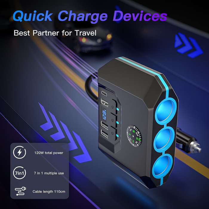 Black - 120W Car Charger Adapter 7 in 1 4 USB 3 Socket Splitter Charge Independent Switches DC Outle