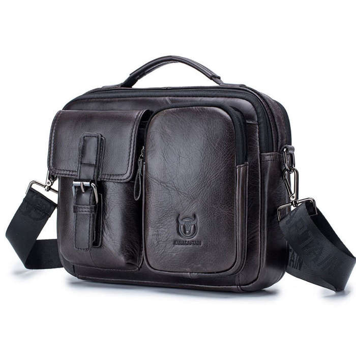 Coffee - BULLCAPTAIN Genuine Leather Mens Shoulder Bag Business Crossbody Bag Male Briefcase Messeng