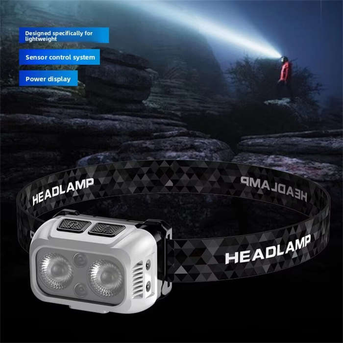 White - Outdoor Bike Light Type-C Rechargeable Headlamp Motion Sensor Bright Led Running Fishing Fla