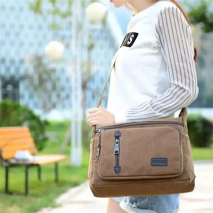 Black - Vintage Canvas Crossbody Bag for Men Adjustable Strap Large Capacity Multi-Layer Zipper Mess