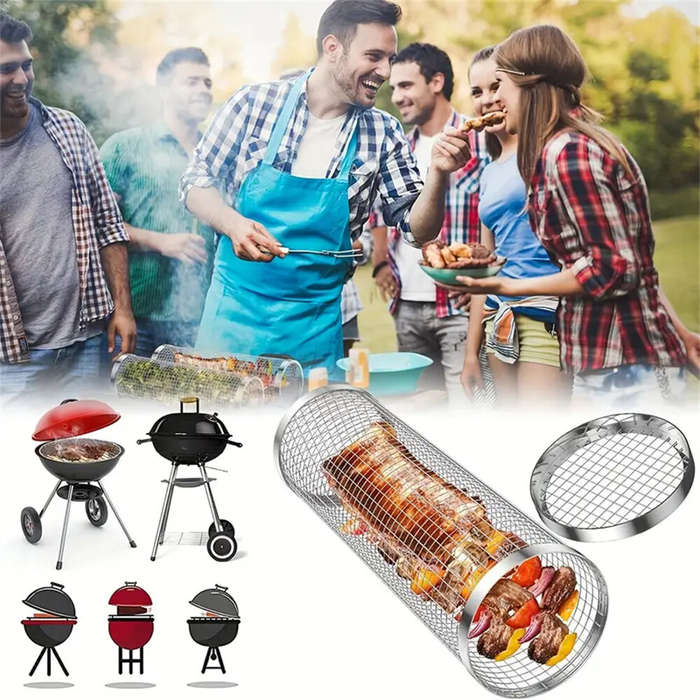 Silver - IPRee Round BBQ Basket Stainless Steel Rolling Grilling Basket Wire Mesh Cylinder Grill Bas