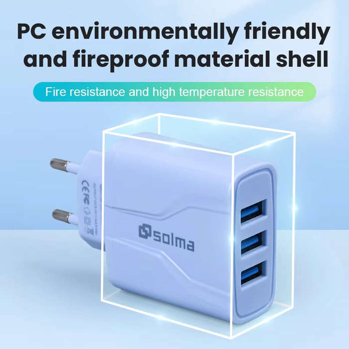 Blue & EU Plug - 5.8A 3-Port USB Charger 3USB-A Fast Charging Wall Charger Adapter EU Plug for iPhon