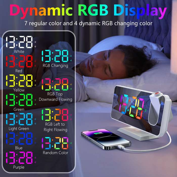 Black - AGSIVO LED RGB Digital Projection Alarm Clock with 180 Rotatable Projector / 11 Colors / Mir