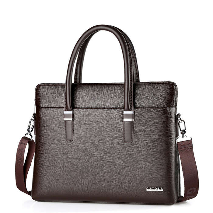 Black - Men's Business Leather Briefcase Solid Simple Fashion 14'' Laptop Handbag Waterproof Large C