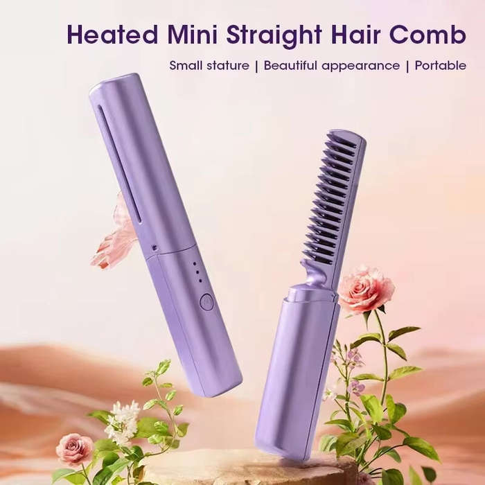 Green - Portable Mini Electric Hair Brush Dual Use Hair Straightener Curler USB Charging Temperature