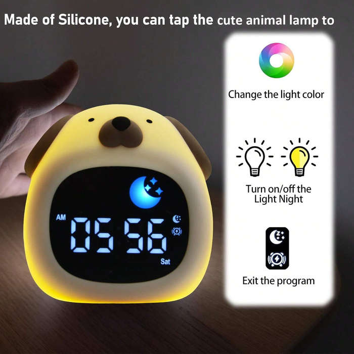 White - Kids Alarm Clock Sleep Trainer Clock Kids Room Cute Toddler Puppy Shape Night Light Clock To