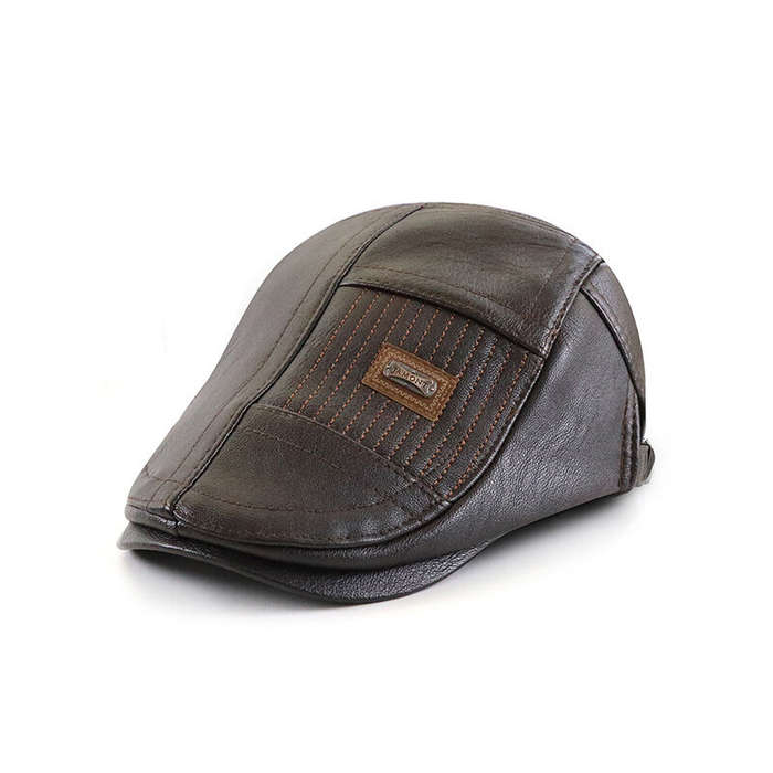 Dark Brown - Collrown Beret Mens Adjustable PU Leather Flat Cap Stitch Newsboy Cap Driving Fishing C