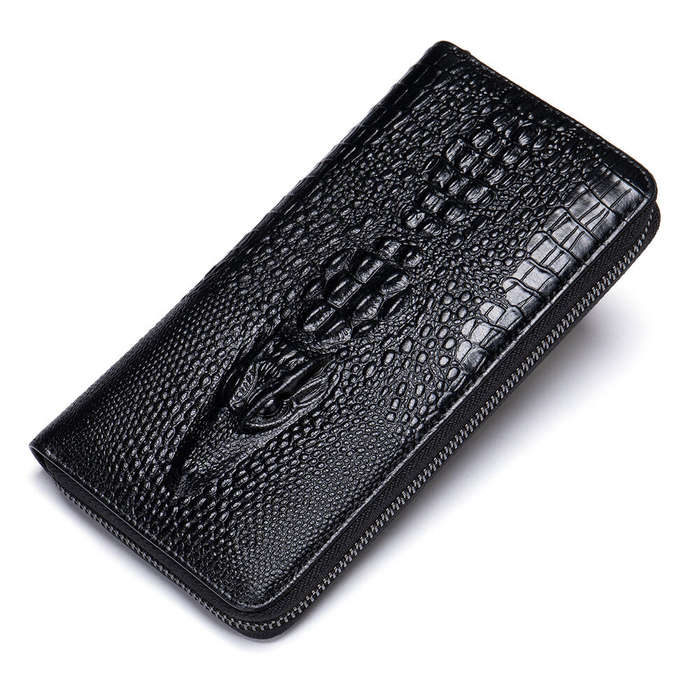 Black - Ekphero Crocodile Print Men's Genuine Leather Wallet RFID Blocking Long Card Holder Purse Mu