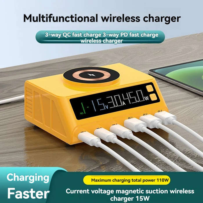 EU Plug - WLX-M9A 110W 6-Port USB PD Charger 3USB-A+3USB-C PD QC3.0 Fast Wireless Charging with Digi