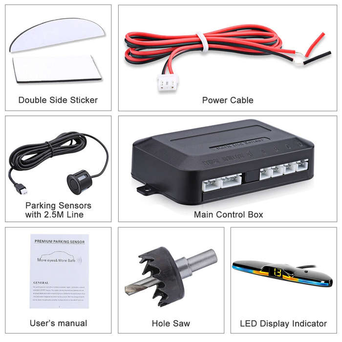 Silver - LED Parking Sensor System Monitor Display Kit Reverse Backup Radar 4 Sensors DC 12V Easy In
