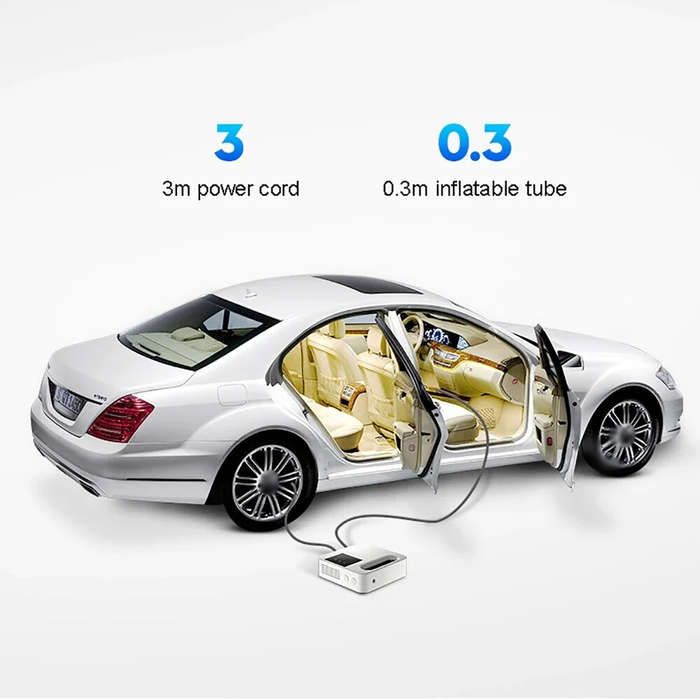 White - 120W 12V Portable Corded Car Air Inflator Pump with LED Lighting Automatic Tire Pumping with