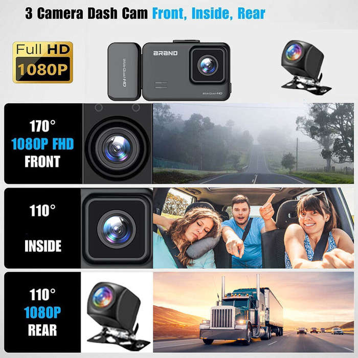 32GB - 3 Channel WiFi Car Dash Cam HD Video Recording with Night Vision High-Definition Screen Car D